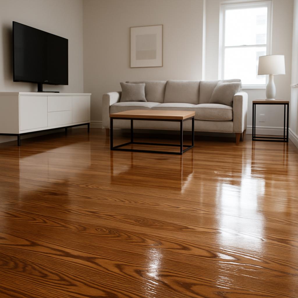 a modern living room with light grey furniture and wood floors.