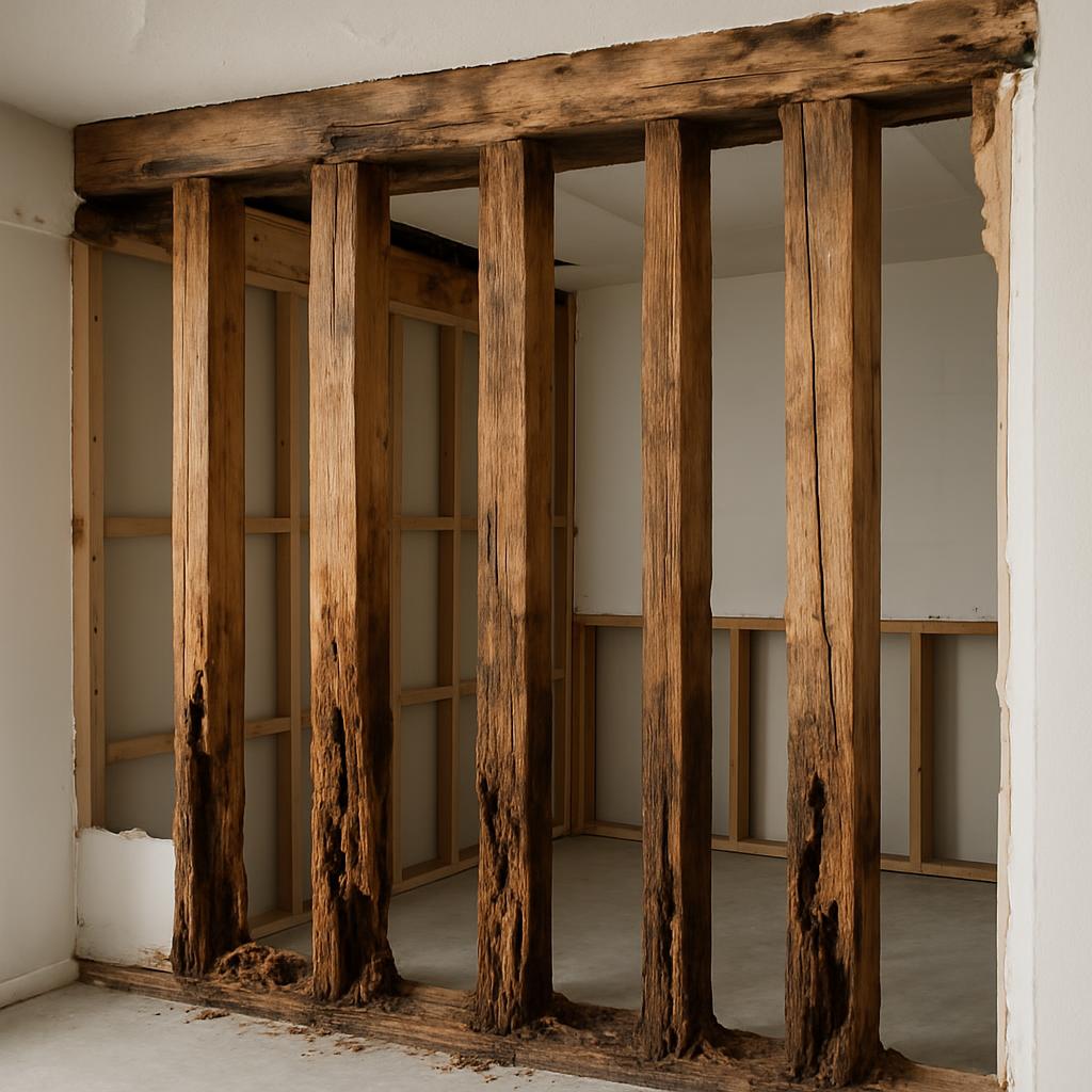 (rectify the ground truth) A wall under construction with exposed wood beams.