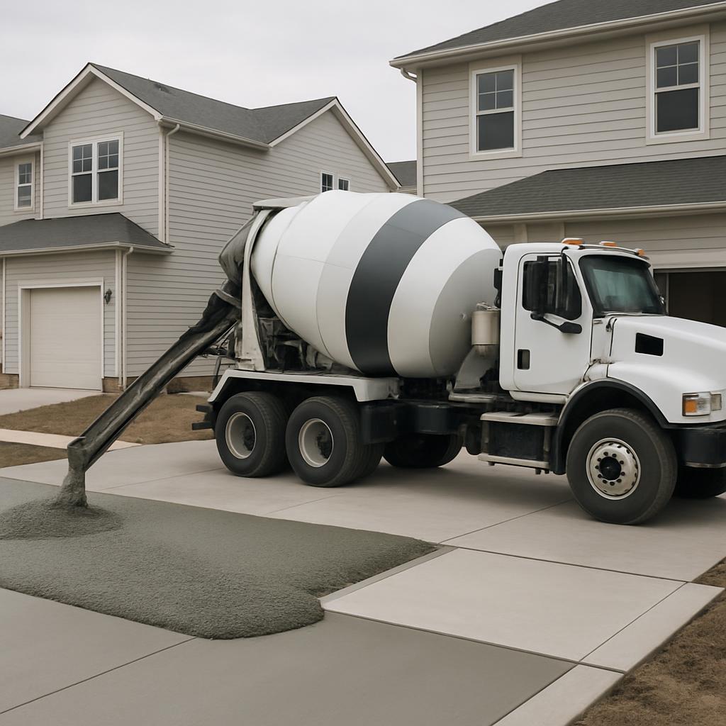 A concrete mixer truck is parked in front of houses, its chute extended to deliver wet cement to the ground.
