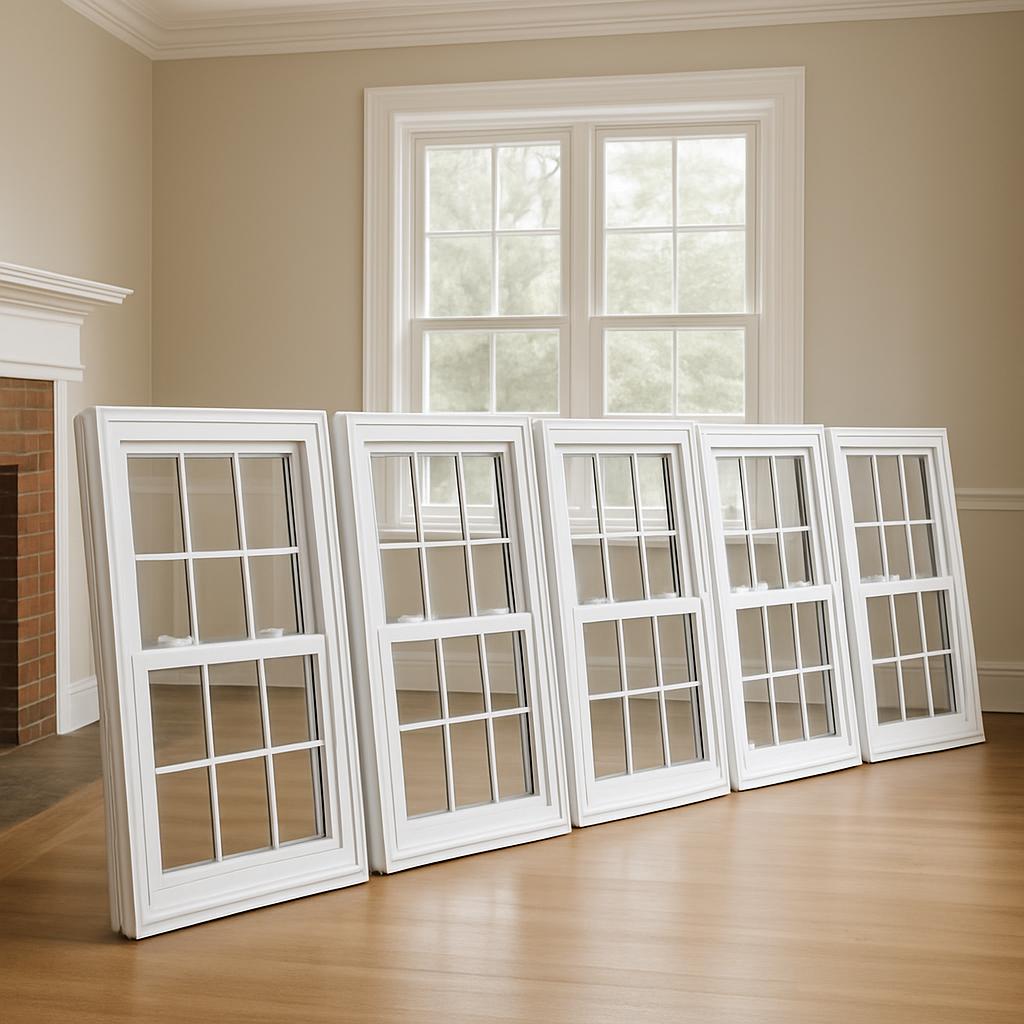 Large rectangular window with two upper and two lower panes surrounded by white trim. Around the window are six white wind...